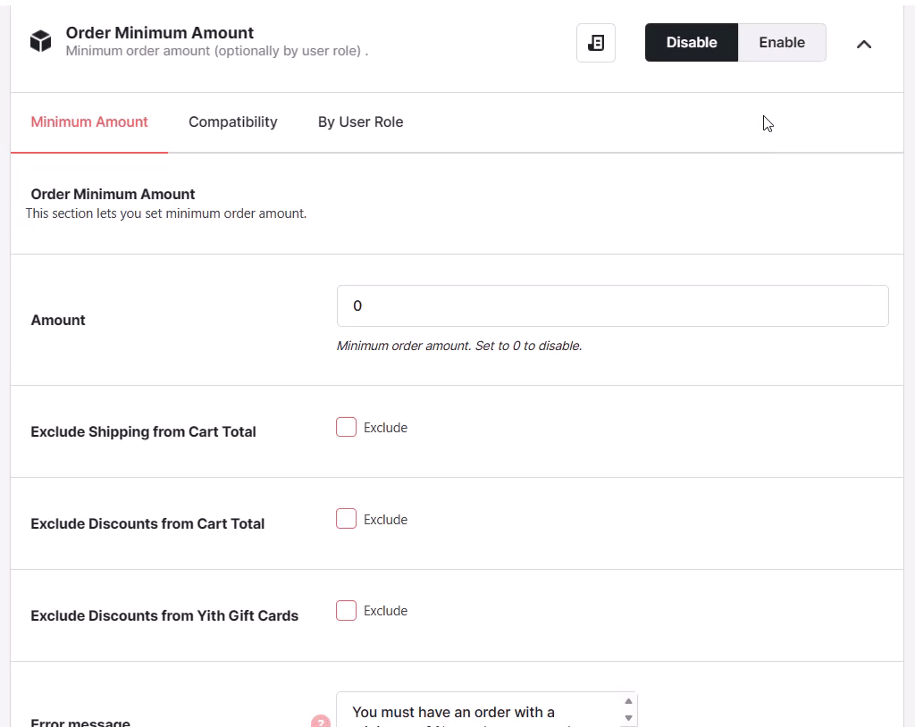 Order Minimum Amount By User Role