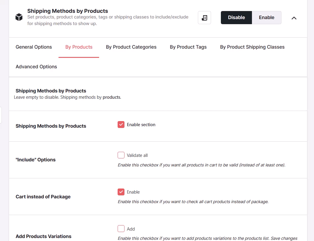 Shipping Methods By Products